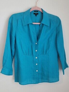 Talbots Pure Irish Linen Button Front Blouse Turquoise Teal Blue Shirt 6